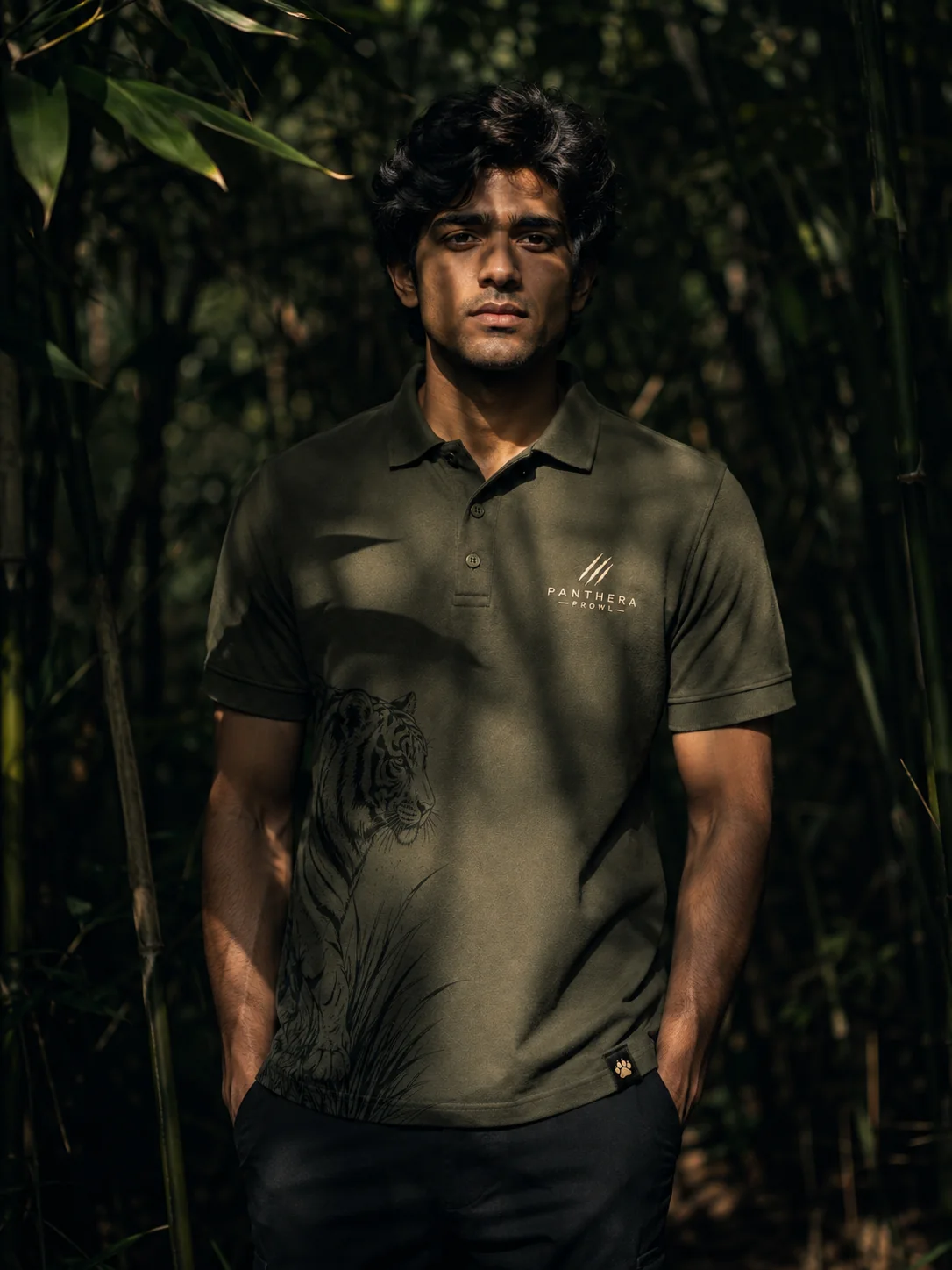 Tactical Moss Shadow Claw Polo — model in bamboo forest, green polo with tiger print
